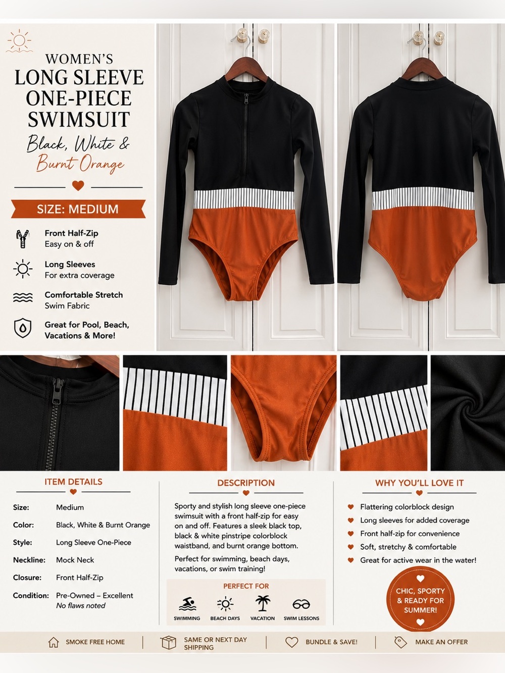 Black Long-Sleeve One-Piece Swimsuit with Red Bottom